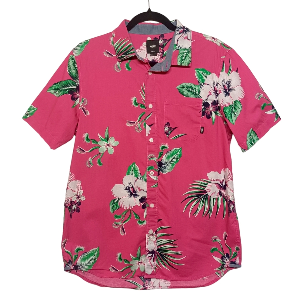VANS Top S Venus Fly Trap Floral Tropical Print Short Sleeve Pink Button Front
